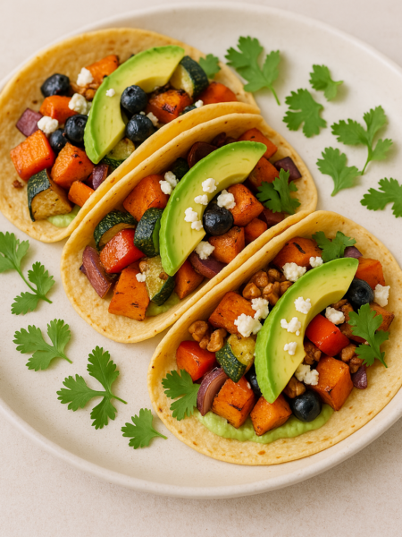 Roasted Veg Tacos with Avocado Cream and Feta