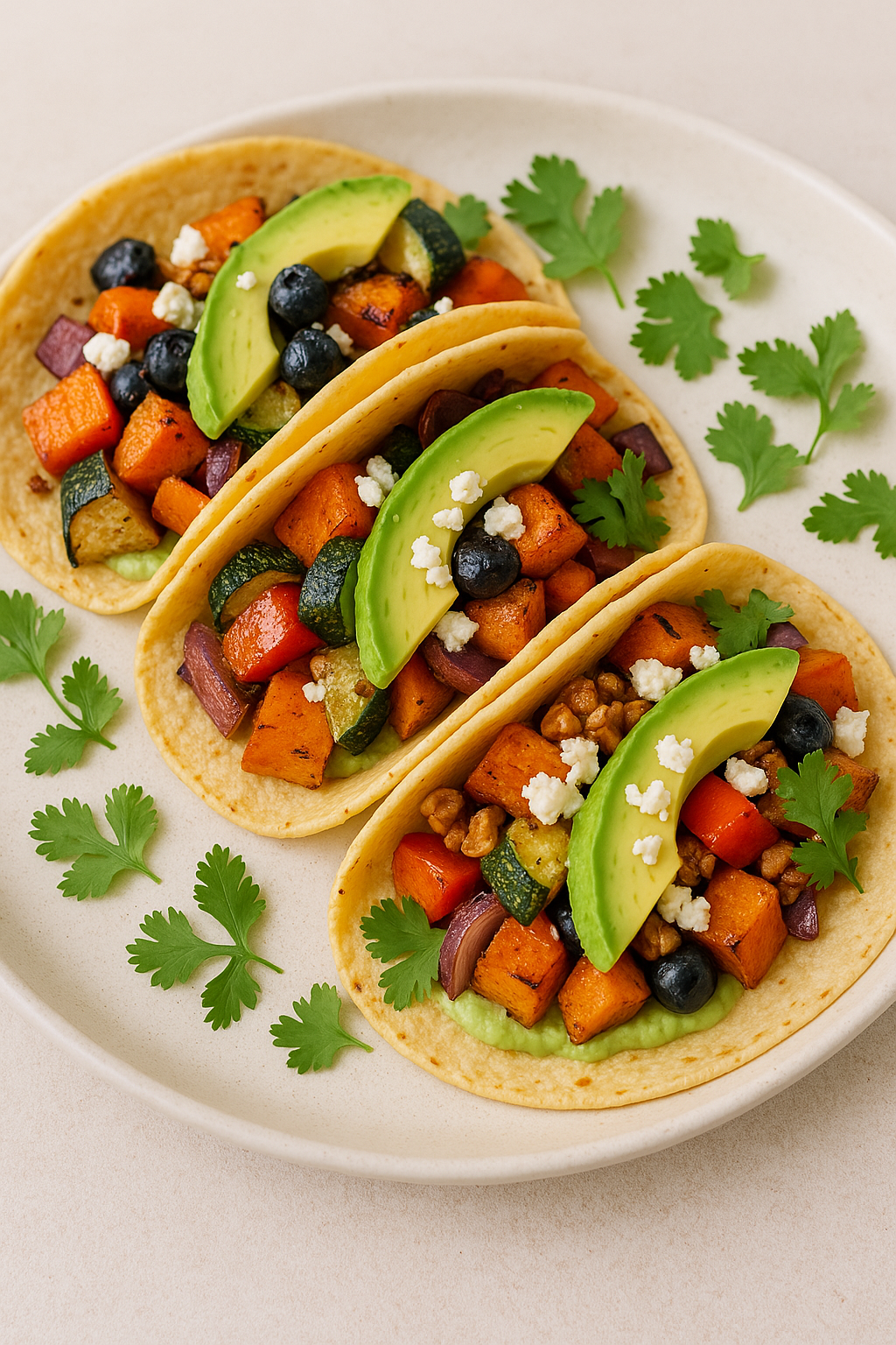 Roasted Veg Tacos with Avocado Cream and Feta