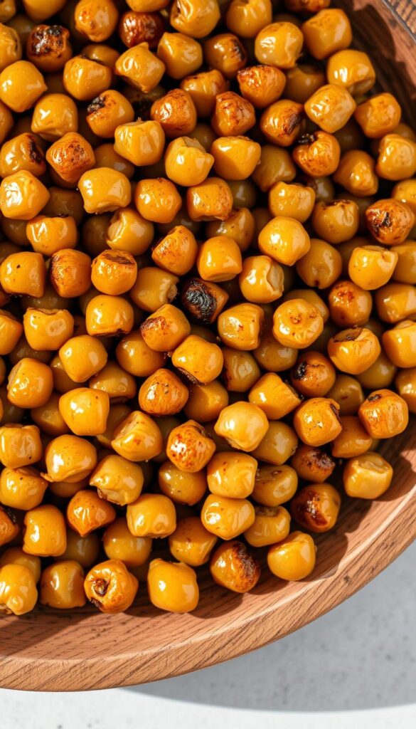 A close-up shot of a wooden plate filled with evenly roasted chickpeas, glistening with a light coating of olive oil and sprinkled with a blend of aromatic spices. The crisp, golden-brown legumes are arranged in a visually appealing pattern, creating a mouthwatering yet nutritious snack. Soft, natural lighting illuminates the scene, casting gentle shadows and highlighting the textural details of the chickpeas. The background is a simple, neutral surface, allowing the focus to remain on the protein-packed snack.