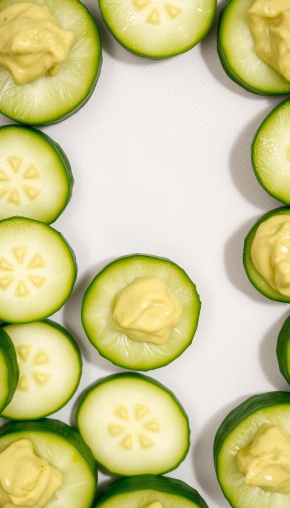 A close-up shot of freshly sliced organic cucumbers arranged in a visually appealing pattern, each slice topped with a dollop of creamy avocado. The cucumbers have a vibrant green hue, with a slight sheen, while the avocado is a rich, buttery shade of green. The composition is framed against a neutral, minimalist background, allowing the natural colors and textures of the ingredients to take center stage. Soft, natural lighting casts gentle shadows, accentuating the organic shape and form of the cucumber slices and avocado bites. The overall mood is fresh, healthy, and inviting, perfectly capturing the essence of a simple, yet delicious vegetable-based snack.