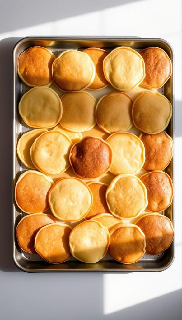 A large, rectangular sheet pan with evenly spaced, golden-brown pancakes, perfectly cooked with crisp edges. The pancakes are arranged in an appealing, symmetrical pattern, their fluffy texture and rich color inviting the viewer to dig in. Soft, natural lighting from the side accentuates the pancakes' inviting appearance, casting gentle shadows that add depth and dimension to the scene. The background is a clean, neutral tone, allowing the pancakes to be the focal point. The overall composition is elegant, simple, and mouth-watering, perfectly capturing the ease and convenience of sheet pan pancakes for a crowd. A large, rectangular sheet pan with evenly spaced, golden-brown pancakes, perfectly cooked with crisp edges. The pancakes are arranged in an appealing, symmetrical pattern, their fluffy texture and rich color inviting the viewer to dig in. Soft, natural lighting from the side accentuates the pancakes' inviting appearance, casting gentle shadows that add depth and dimension to the scene. The background is a clean, neutral tone, allowing the pancakes to be the focal point. The overall composition is elegant, simple, and mouth-watering, perfectly capturing the ease and convenience of sheet pan pancakes for a crowd.