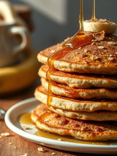 A photorealistic close-up of a stack of fluffy banana oat pancakes on a wooden table, with a drizzle of golden honey and a light dusting of cinnamon. The pancakes are fresh off the griddle, with a delightful caramelized texture and plump, moist interior. Soft natural lighting illuminates the scene, casting warm shadows and highlights that accentuate the pancakes' appealing visual qualities. The overall composition conveys a sense of homemade comfort and wholesome indulgence, perfectly suited for an effortless morning meal.