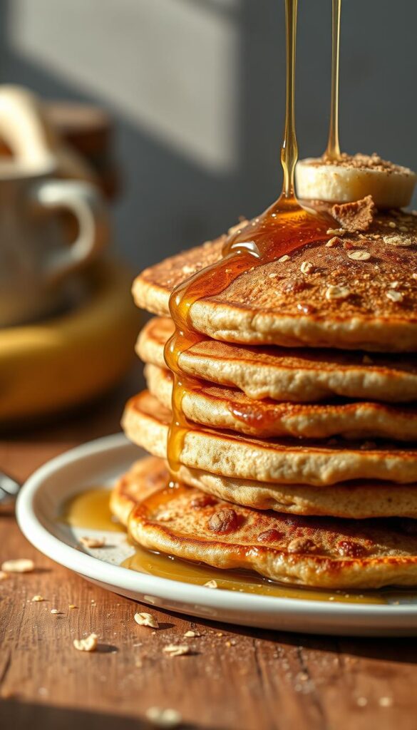 A photorealistic close-up of a stack of fluffy banana oat pancakes on a wooden table, with a drizzle of golden honey and a light dusting of cinnamon. The pancakes are fresh off the griddle, with a delightful caramelized texture and plump, moist interior. Soft natural lighting illuminates the scene, casting warm shadows and highlights that accentuate the pancakes' appealing visual qualities. The overall composition conveys a sense of homemade comfort and wholesome indulgence, perfectly suited for an effortless morning meal. A photorealistic close-up of a stack of fluffy banana oat pancakes on a wooden table, with a drizzle of golden honey and a light dusting of cinnamon. The pancakes are fresh off the griddle, with a delightful caramelized texture and plump, moist interior. Soft natural lighting illuminates the scene, casting warm shadows and highlights that accentuate the pancakes' appealing visual qualities. The overall composition conveys a sense of homemade comfort and wholesome indulgence, perfectly suited for an effortless morning meal.