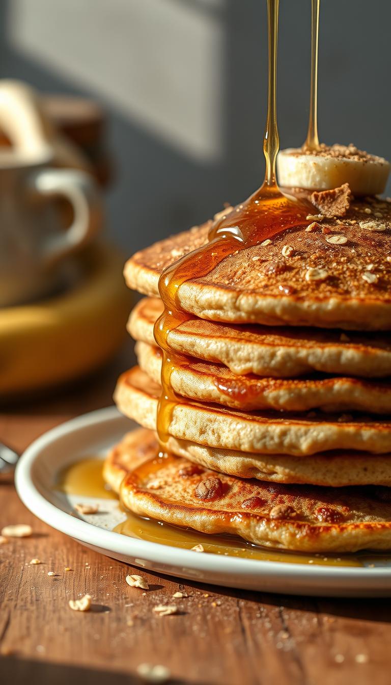 A photorealistic close-up of a stack of fluffy banana oat pancakes on a wooden table, with a drizzle of golden honey and a light dusting of cinnamon. The pancakes are fresh off the griddle, with a delightful caramelized texture and plump, moist interior. Soft natural lighting illuminates the scene, casting warm shadows and highlights that accentuate the pancakes' appealing visual qualities. The overall composition conveys a sense of homemade comfort and wholesome indulgence, perfectly suited for an effortless morning meal.