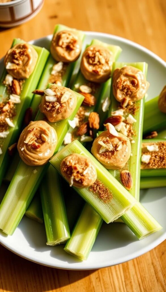 A plate of fresh celery sticks, each filled with a generous dollop of creamy peanut butter. Atop the sticks, an assortment of gluten-free toppings, including toasted coconut flakes, sliced almonds, and a light dusting of cinnamon. The scene is captured in warm, natural lighting, accentuating the vibrant green of the celery and the rich, earthy tones of the peanut butter. The arrangement is shot from a slightly elevated angle, showcasing the textures and colors in an appetizing and visually pleasing composition.
