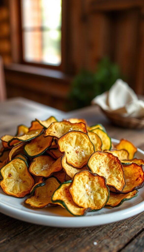 A plate of freshly baked zucchini chips, lightly dusted with sea salt, sits on a rustic wooden table. The chips have a golden-brown color and a crisp, delicate texture, catching the warm, natural light that filters in through a nearby window. The background is softly blurred, creating a cozy, inviting atmosphere. The overall scene conveys a sense of guilt-free indulgence, with the zucchini chips presented as a healthy, flavorful snack option.