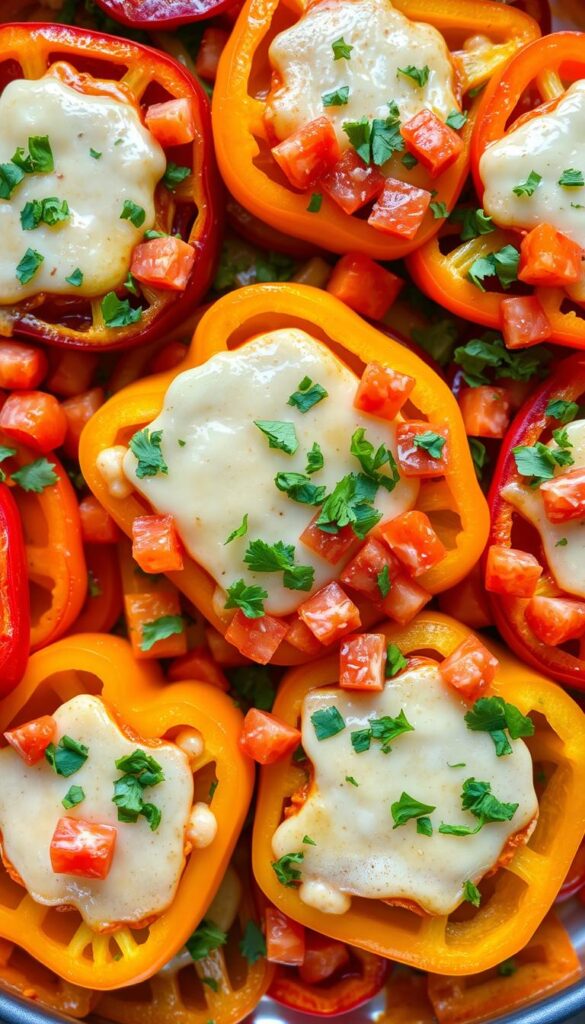A platter of vibrant bell peppers, sliced and arranged in an overlapping pattern, like a colorful mosaic. The pepper slices are topped with a generous layer of melted cheese, scattering of diced tomatoes, and a sprinkling of finely chopped cilantro. The lighting is soft and warm, accentuating the natural colors and textures of the ingredients. The scene is shot from a slightly elevated angle, capturing the depth and composition of the dish. The overall atmosphere is inviting and appetizing, tempting the viewer to reach in and savor this healthy, veggie-based snack.