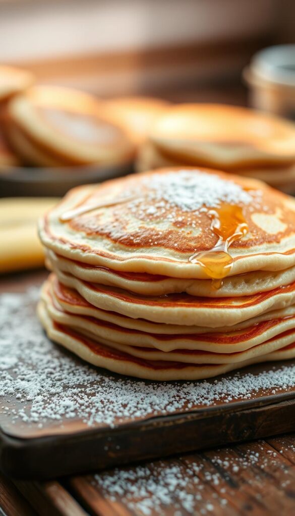 A stack of fluffy buttermilk pancakes with golden-brown edges, glistening with a light glaze and a dusting of powdered sugar. The pancakes are arranged on a rustic wooden surface, with a shallow depth of field that keeps the foreground in sharp focus while the background is softly blurred. Warm natural lighting casts a cozy glow, accentuating the inviting texture of the pancakes. The overall mood is one of simple elegance and comfort, perfectly capturing the essence of a classic homemade breakfast.