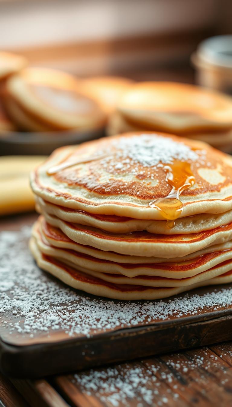 A stack of fluffy buttermilk pancakes with golden-brown edges, glistening with a light glaze and a dusting of powdered sugar. The pancakes are arranged on a rustic wooden surface, with a shallow depth of field that keeps the foreground in sharp focus while the background is softly blurred. Warm natural lighting casts a cozy glow, accentuating the inviting texture of the pancakes. The overall mood is one of simple elegance and comfort, perfectly capturing the essence of a classic homemade breakfast.