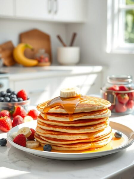 A sun-drenched kitchen counter with a stack of fluffy protein-rich pancakes, made with a batter of egg whites, Greek yogurt, and vanilla protein powder. Vibrant fresh berries, sliced bananas, and a drizzle of honey accent the scene, creating a nutritious and delectable breakfast. Captured with a wide-angle lens, the image showcases the pancakes in the foreground, set against a minimalist background with clean lines and natural light flooding the frame, evoking a sense of effortless morning comfort and health-conscious indulgence.