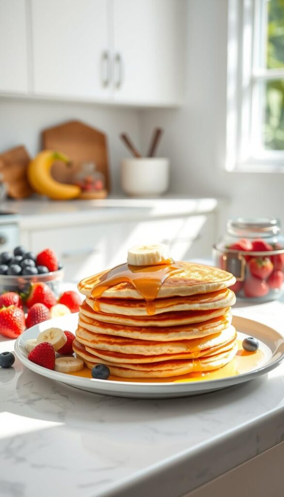 A sun-drenched kitchen counter with a stack of fluffy protein-rich pancakes, made with a batter of egg whites, Greek yogurt, and vanilla protein powder. Vibrant fresh berries, sliced bananas, and a drizzle of honey accent the scene, creating a nutritious and delectable breakfast. Captured with a wide-angle lens, the image showcases the pancakes in the foreground, set against a minimalist background with clean lines and natural light flooding the frame, evoking a sense of effortless morning comfort and health-conscious indulgence.
