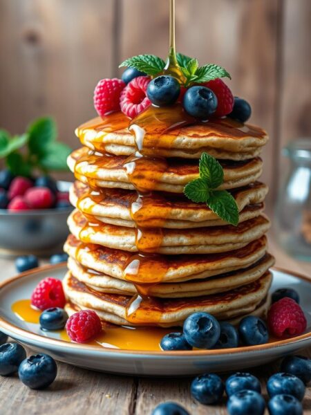 Blueberry lemon zest pancakes stacked high, drizzled with golden maple syrup and adorned with fresh blueberries, raspberries, and mint leaves. The pancakes are backlit by soft, warm lighting, casting a cozy glow on the scene. The table is set with a rustic wooden backdrop, adding a natural, earthy touch. The overall mood is bright, inviting, and mouthwatering, capturing the essence of a perfect weekend brunch.