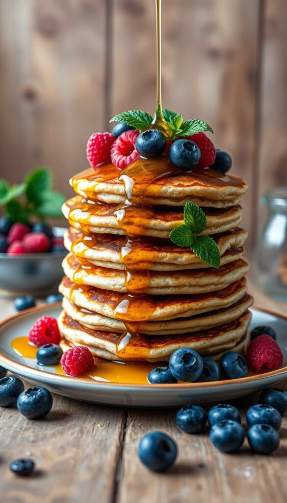 Blueberry lemon zest pancakes stacked high, drizzled with golden maple syrup and adorned with fresh blueberries, raspberries, and mint leaves. The pancakes are backlit by soft, warm lighting, casting a cozy glow on the scene. The table is set with a rustic wooden backdrop, adding a natural, earthy touch. The overall mood is bright, inviting, and mouthwatering, capturing the essence of a perfect weekend brunch. Blueberry lemon zest pancakes stacked high, drizzled with golden maple syrup and adorned with fresh blueberries, raspberries, and mint leaves. The pancakes are backlit by soft, warm lighting, casting a cozy glow on the scene. The table is set with a rustic wooden backdrop, adding a natural, earthy touch. The overall mood is bright, inviting, and mouthwatering, capturing the essence of a perfect weekend brunch.