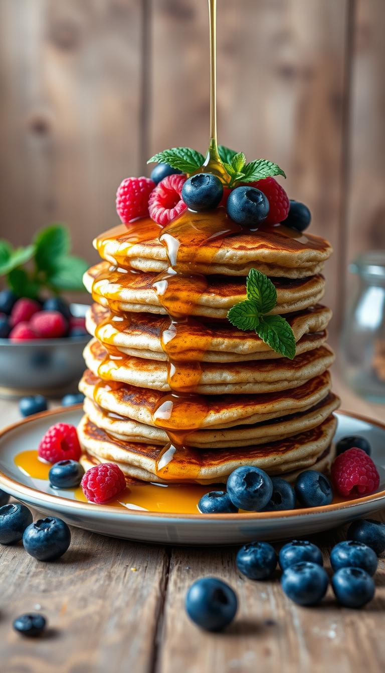 Blueberry lemon zest pancakes stacked high, drizzled with golden maple syrup and adorned with fresh blueberries, raspberries, and mint leaves. The pancakes are backlit by soft, warm lighting, casting a cozy glow on the scene. The table is set with a rustic wooden backdrop, adding a natural, earthy touch. The overall mood is bright, inviting, and mouthwatering, capturing the essence of a perfect weekend brunch.
