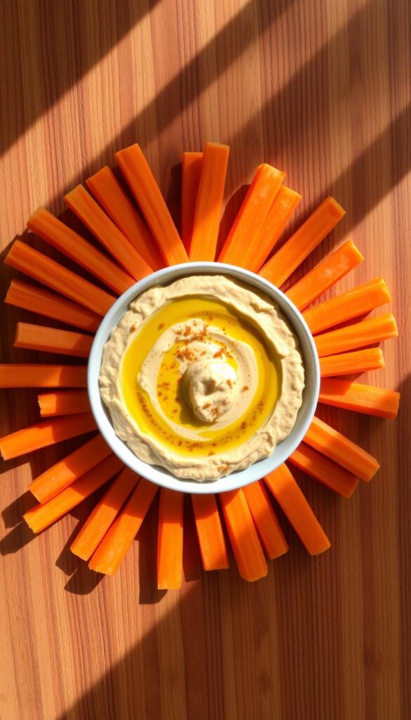 Carrot sticks arranged artfully on a wooden surface, gleaming under natural light. In the center, a bowl of creamy, homemade hummus, garnished with a drizzle of olive oil and a sprinkle of paprika. The carrots are vibrant orange, their crisp texture inviting a satisfying crunch. The hummus, a luscious beige, contrasts beautifully with the vibrant produce. The scene exudes a sense of health, nourishment, and simplicity, perfect for a light, gluten-free snack.