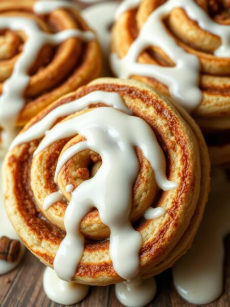 Cinnamon roll swirl pancakes with a decadent cream cheese glaze, the perfect breakfast indulgence. Soft, fluffy pancake batter swirled with warm cinnamon and brown sugar, baked to golden perfection. A rich, creamy glaze drizzled generously over the top, adding a tantalizing sweetness. Captured in natural, soft lighting, the pancakes are presented on a rustic wooden surface, creating an inviting, homey atmosphere. The camera angle is close-up, emphasizing the intricate spiral design and the glossy, tempting glaze. Mouthwatering textures and an irresistible aroma fill the frame, beckoning the viewer to dive in and savor every bite.