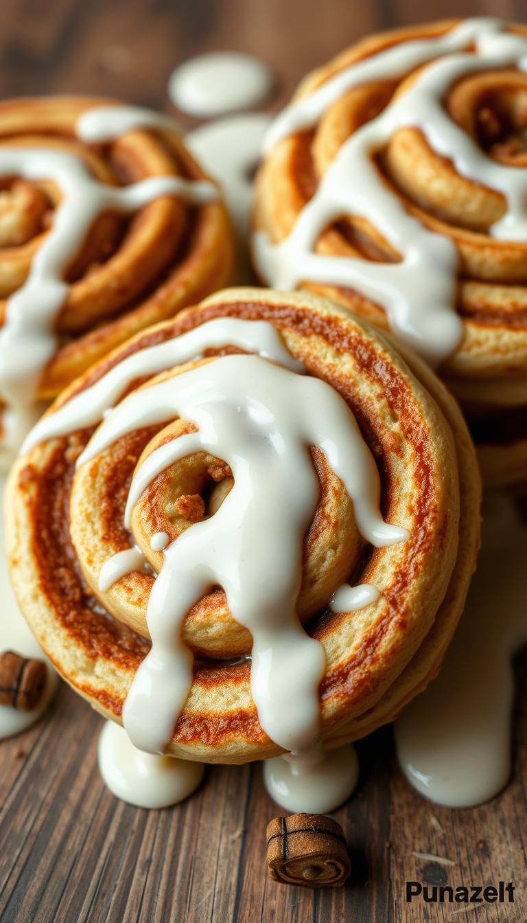 Cinnamon roll swirl pancakes with a decadent cream cheese glaze, the perfect breakfast indulgence. Soft, fluffy pancake batter swirled with warm cinnamon and brown sugar, baked to golden perfection. A rich, creamy glaze drizzled generously over the top, adding a tantalizing sweetness. Captured in natural, soft lighting, the pancakes are presented on a rustic wooden surface, creating an inviting, homey atmosphere. The camera angle is close-up, emphasizing the intricate spiral design and the glossy, tempting glaze. Mouthwatering textures and an irresistible aroma fill the frame, beckoning the viewer to dive in and savor every bite.