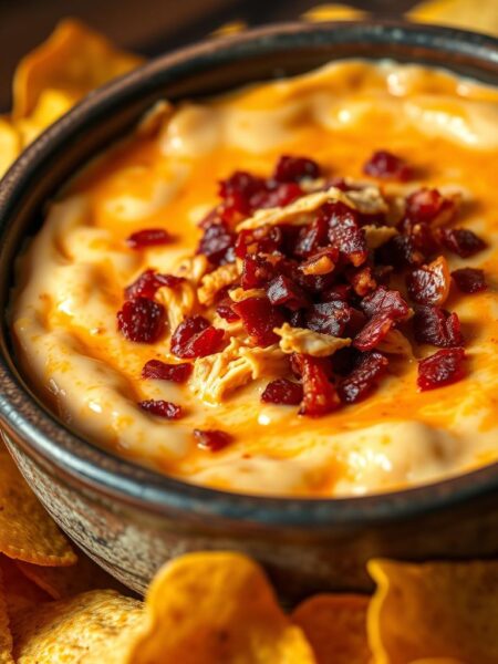 Creamy cheesy bacon buffalo dip with tortilla chips