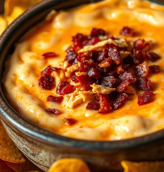Creamy cheesy bacon buffalo dip with tortilla chips