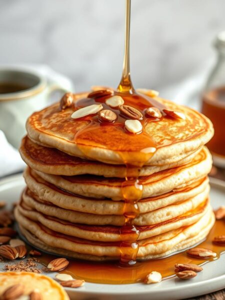 Freshly prepared gluten-free almond flour pancakes, stacked and ready to be savored. Soft and fluffy, the pancakes are golden-brown, glistening with a light sheen. Toasted slivered almonds sprinkle the top, adding a delightful crunch. Drizzled with rich, amber maple syrup, the pancakes invite you to indulge in a satisfying, nutritious breakfast. Captured under soft, diffused lighting that accentuates the natural textures, the scene exudes a warm, inviting atmosphere. Arranged on a rustic wooden surface, the pancakes are the centerpiece of this carefully composed still life.