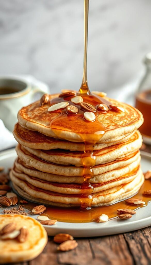 Freshly prepared gluten-free almond flour pancakes, stacked and ready to be savored. Soft and fluffy, the pancakes are golden-brown, glistening with a light sheen. Toasted slivered almonds sprinkle the top, adding a delightful crunch. Drizzled with rich, amber maple syrup, the pancakes invite you to indulge in a satisfying, nutritious breakfast. Captured under soft, diffused lighting that accentuates the natural textures, the scene exudes a warm, inviting atmosphere. Arranged on a rustic wooden surface, the pancakes are the centerpiece of this carefully composed still life. Freshly prepared gluten-free almond flour pancakes, stacked and ready to be savored. Soft and fluffy, the pancakes are golden-brown, glistening with a light sheen. Toasted slivered almonds sprinkle the top, adding a delightful crunch. Drizzled with rich, amber maple syrup, the pancakes invite you to indulge in a satisfying, nutritious breakfast. Captured under soft, diffused lighting that accentuates the natural textures, the scene exudes a warm, inviting atmosphere. Arranged on a rustic wooden surface, the pancakes are the centerpiece of this carefully composed still life.