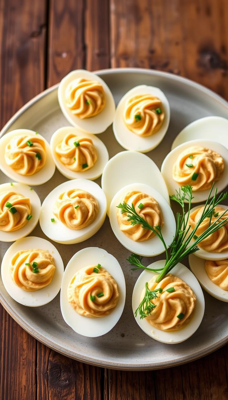 Hummus deviled eggs with herbs