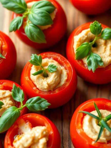 Stuffed cherry tomatoes with hummus and herbs