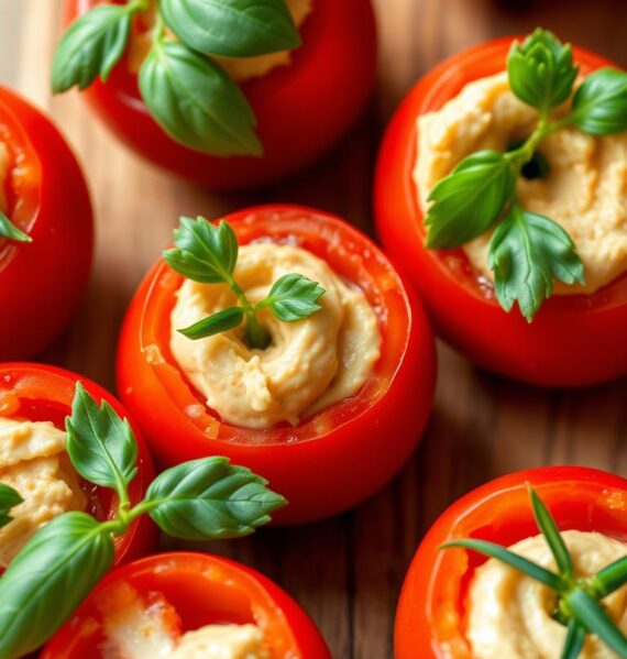Stuffed cherry tomatoes with hummus and herbs