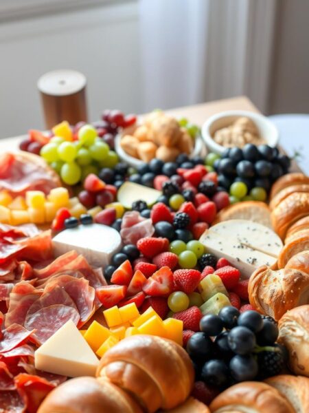 brunch charcuterie board with fruits and cheeses