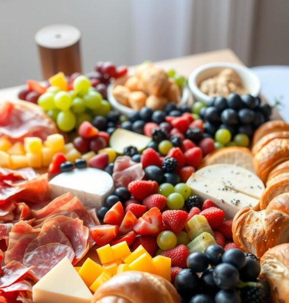 brunch charcuterie board with fruits and cheeses