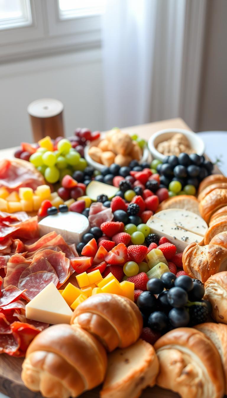 brunch charcuterie board with fruits and cheeses
