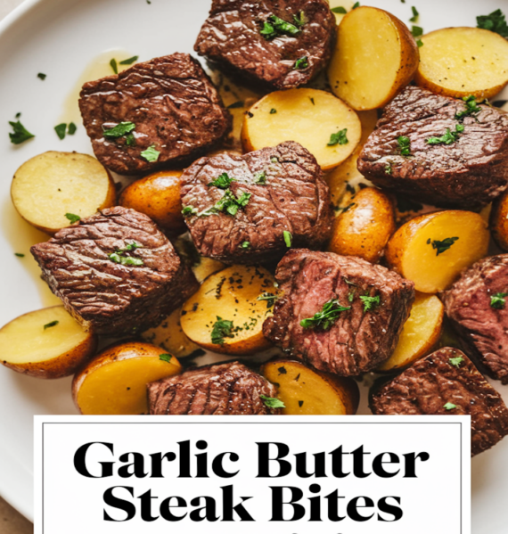 Plate of garlic Butter steak bites and potatoes