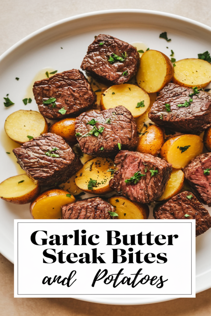 Plate of garlic Butter steak bites and potatoes