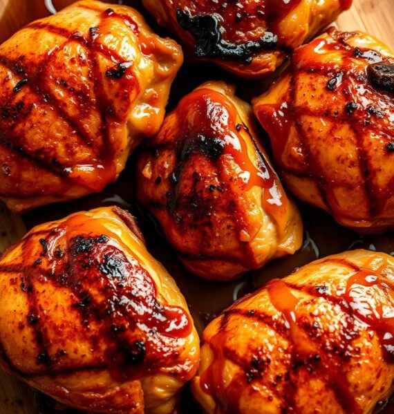 A beautifully grilled set of chicken thighs, glistening with a rich, maple-Dijon glaze. The thighs are arranged on a rustic wooden cutting board, their crispy skin caramelized to a deep golden brown. Wisps of fragrant smoke curl around the edges, hinting at the charred flavor. The lighting is warm and natural, casting a soft, golden glow that enhances the appetizing appearance. The overall composition is clean and minimalist, allowing the juicy, flavorful chicken to take center stage. The thighs are photographed from a high angle, showcasing their succulent texture and the enticing Dijon-maple sauce dripping down the sides.