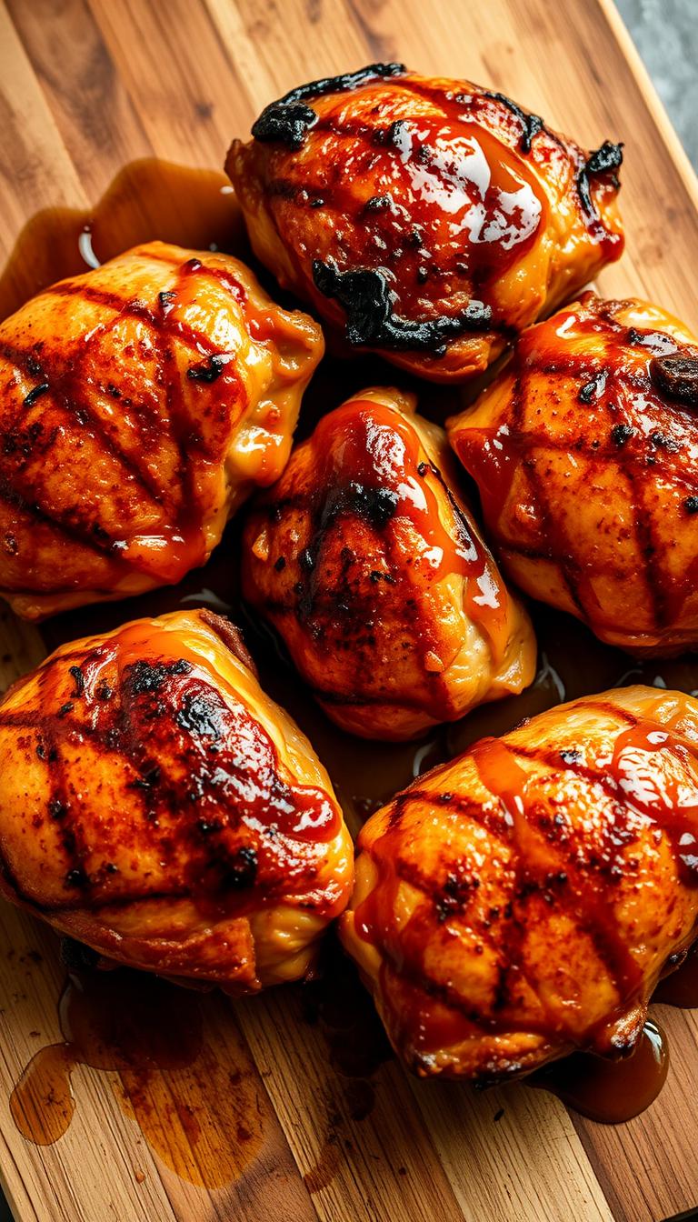 A beautifully grilled set of chicken thighs, glistening with a rich, maple-Dijon glaze. The thighs are arranged on a rustic wooden cutting board, their crispy skin caramelized to a deep golden brown. Wisps of fragrant smoke curl around the edges, hinting at the charred flavor. The lighting is warm and natural, casting a soft, golden glow that enhances the appetizing appearance. The overall composition is clean and minimalist, allowing the juicy, flavorful chicken to take center stage. The thighs are photographed from a high angle, showcasing their succulent texture and the enticing Dijon-maple sauce dripping down the sides.