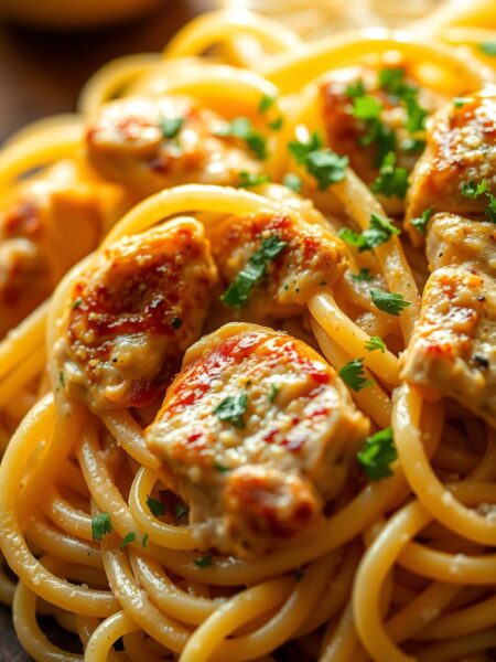 A beautifully lit close-up of a freshly made Lemon Garlic Chicken Pasta dish. The pasta is al dente, coated in a vibrant, creamy sauce infused with the zesty aroma of lemon and the savory notes of garlic. Tender pieces of juicy, pan-seared chicken are nestled among the noodles, garnished with a sprinkle of freshly chopped parsley. The image is captured with a shallow depth of field, drawing the viewer's attention to the delectable texture and mouthwatering details of the homemade meal. Warm, natural lighting casts a soft glow, evoking a cozy, inviting atmosphere.