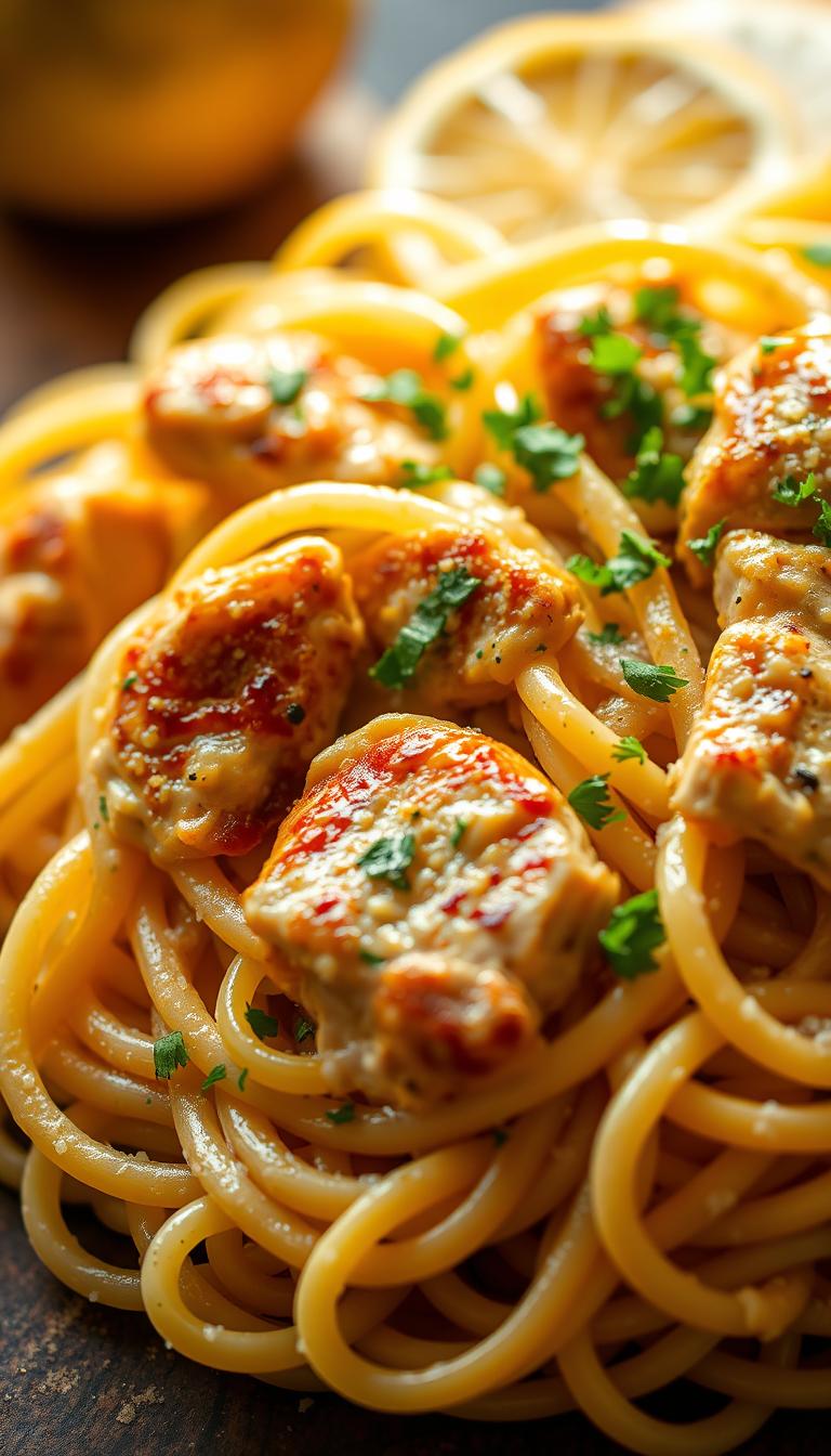 A beautifully lit close-up of a freshly made Lemon Garlic Chicken Pasta dish. The pasta is al dente, coated in a vibrant, creamy sauce infused with the zesty aroma of lemon and the savory notes of garlic. Tender pieces of juicy, pan-seared chicken are nestled among the noodles, garnished with a sprinkle of freshly chopped parsley. The image is captured with a shallow depth of field, drawing the viewer's attention to the delectable texture and mouthwatering details of the homemade meal. Warm, natural lighting casts a soft glow, evoking a cozy, inviting atmosphere.