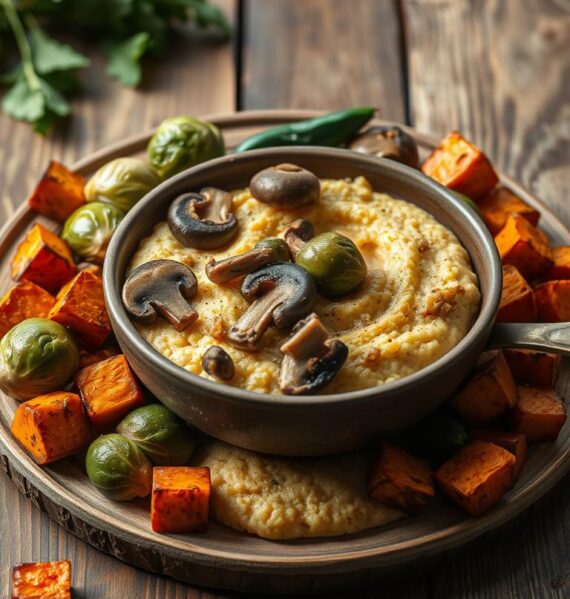 A beautifully lit, high-resolution image of a rustic wooden table, featuring a creamy polenta bowl surrounded by an array of roasted vegetables. The polenta is topped with sautéed mushrooms, tender roasted brussels sprouts, and caramelized sweet potato cubes. The vegetables are arranged in a visually appealing way, with vibrant colors and a natural, earthy aesthetic. Soft, diffused lighting casts a warm glow over the scene, creating a cozy and inviting atmosphere. The image is captured from a slightly elevated angle, allowing the viewer to appreciate the textures and details of the dish. The overall composition is balanced and harmonious, capturing the essence of a comforting and nourishing breakfast.