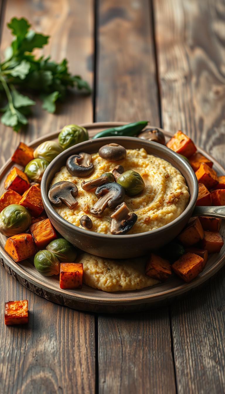 A beautifully lit, high-resolution image of a rustic wooden table, featuring a creamy polenta bowl surrounded by an array of roasted vegetables. The polenta is topped with sautéed mushrooms, tender roasted brussels sprouts, and caramelized sweet potato cubes. The vegetables are arranged in a visually appealing way, with vibrant colors and a natural, earthy aesthetic. Soft, diffused lighting casts a warm glow over the scene, creating a cozy and inviting atmosphere. The image is captured from a slightly elevated angle, allowing the viewer to appreciate the textures and details of the dish. The overall composition is balanced and harmonious, capturing the essence of a comforting and nourishing breakfast.