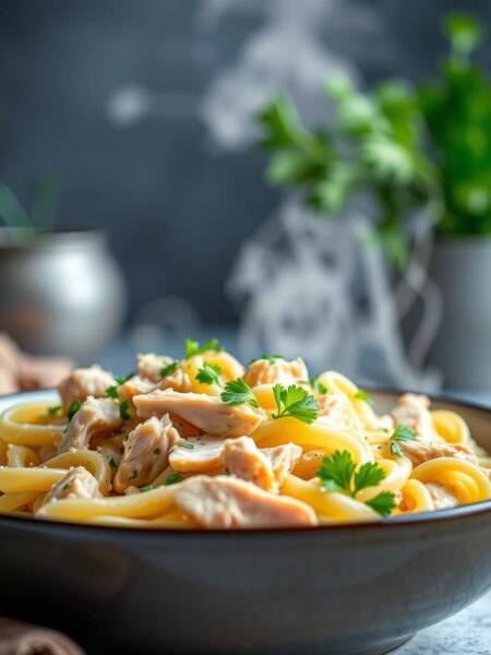 A beautifully lit, high-resolution image of a steaming bowl of creamy chicken alfredo pasta, with freshly shredded chicken and al dente fettuccine noodles swirled in a rich, velvety parmesan sauce. The pasta is garnished with vibrant green parsley, and the soft, tender chicken is positioned in the foreground, highlighting its flavorful texture. The background features a neutral, out-of-focus setting, allowing the pasta dish to be the focal point. The image is captured with a shallow depth of field, creating a soft, intimate atmosphere and drawing the viewer's attention to the delectable, homemade meal.