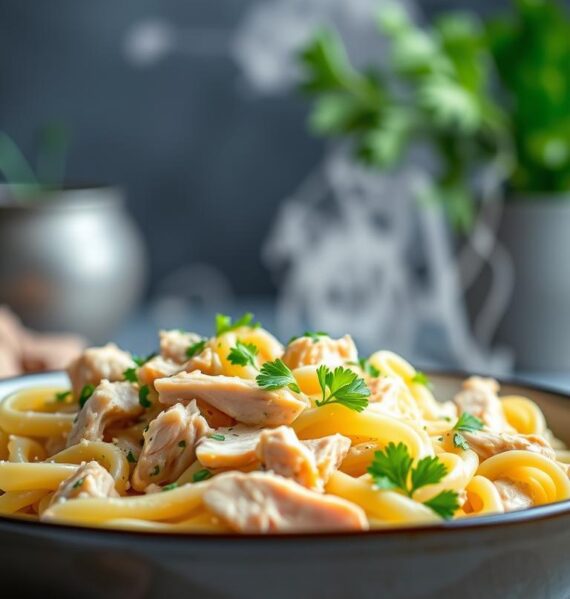A beautifully lit, high-resolution image of a steaming bowl of creamy chicken alfredo pasta, with freshly shredded chicken and al dente fettuccine noodles swirled in a rich, velvety parmesan sauce. The pasta is garnished with vibrant green parsley, and the soft, tender chicken is positioned in the foreground, highlighting its flavorful texture. The background features a neutral, out-of-focus setting, allowing the pasta dish to be the focal point. The image is captured with a shallow depth of field, creating a soft, intimate atmosphere and drawing the viewer's attention to the delectable, homemade meal.