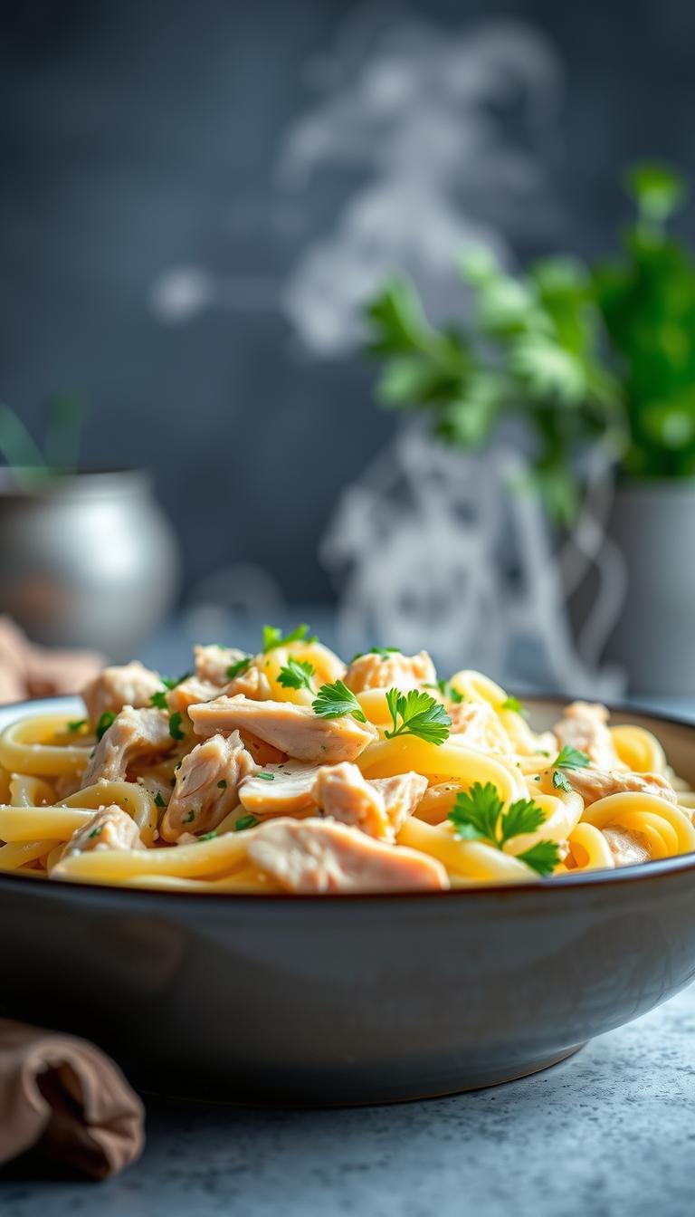 A beautifully lit, high-resolution image of a steaming bowl of creamy chicken alfredo pasta, with freshly shredded chicken and al dente fettuccine noodles swirled in a rich, velvety parmesan sauce. The pasta is garnished with vibrant green parsley, and the soft, tender chicken is positioned in the foreground, highlighting its flavorful texture. The background features a neutral, out-of-focus setting, allowing the pasta dish to be the focal point. The image is captured with a shallow depth of field, creating a soft, intimate atmosphere and drawing the viewer's attention to the delectable, homemade meal.