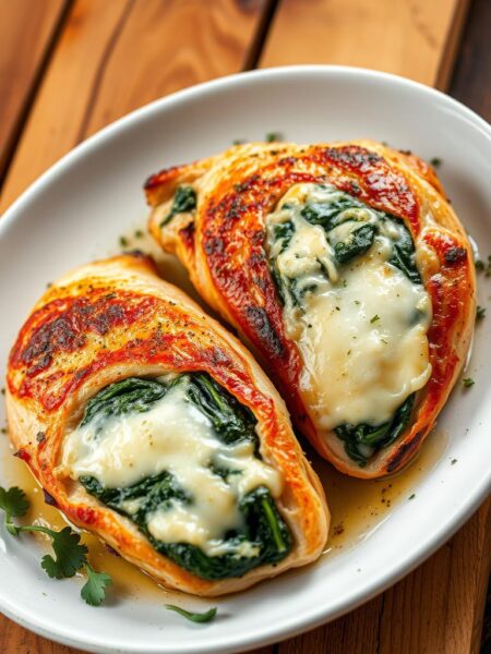 A beautifully plated dish of baked chicken breasts, the skin seared to a golden crisp, revealing a vibrant green and creamy white filling of spinach and soft melted cheese. The chicken is set against a backdrop of rustic wooden planks, with a scattering of fresh herbs adding a touch of freshness. Warm, soft lighting casts a cozy glow, highlighting the succulent texture of the meat and the inviting, mouthwatering presentation. The overall scene evokes a sense of comforting, homemade elegance, perfect for an easy yet impressive dinner.