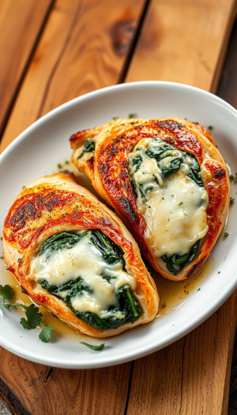 A beautifully plated dish of baked chicken breasts, the skin seared to a golden crisp, revealing a vibrant green and creamy white filling of spinach and soft melted cheese. The chicken is set against a backdrop of rustic wooden planks, with a scattering of fresh herbs adding a touch of freshness. Warm, soft lighting casts a cozy glow, highlighting the succulent texture of the meat and the inviting, mouthwatering presentation. The overall scene evokes a sense of comforting, homemade elegance, perfect for an easy yet impressive dinner.