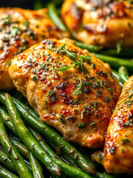 A beautifully prepared garlic herb chicken dish, with crispy golden-brown skin and a medley of fresh herbs. The juicy chicken breasts are nestled on a bed of roasted green beans, glistening with olive oil. Warm, ambient lighting casts a soft glow, highlighting the rich colors and textures. The scene is captured with a shallow depth of field, drawing the viewer's eye to the center of the composition. An inviting, mouthwatering scene that captures the essence of a simple, satisfying one-pan chicken dinner.