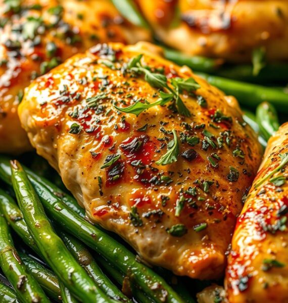 A beautifully prepared garlic herb chicken dish, with crispy golden-brown skin and a medley of fresh herbs. The juicy chicken breasts are nestled on a bed of roasted green beans, glistening with olive oil. Warm, ambient lighting casts a soft glow, highlighting the rich colors and textures. The scene is captured with a shallow depth of field, drawing the viewer's eye to the center of the composition. An inviting, mouthwatering scene that captures the essence of a simple, satisfying one-pan chicken dinner.