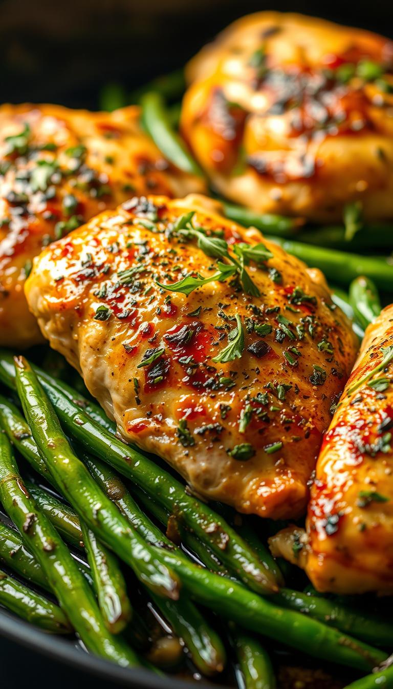 A beautifully prepared garlic herb chicken dish, with crispy golden-brown skin and a medley of fresh herbs. The juicy chicken breasts are nestled on a bed of roasted green beans, glistening with olive oil. Warm, ambient lighting casts a soft glow, highlighting the rich colors and textures. The scene is captured with a shallow depth of field, drawing the viewer's eye to the center of the composition. An inviting, mouthwatering scene that captures the essence of a simple, satisfying one-pan chicken dinner.