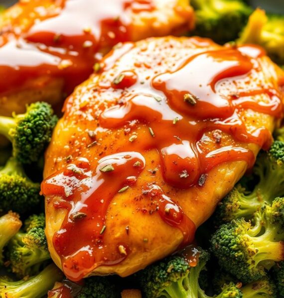 A beautifully presented honey garlic chicken dish, with mouthwatering glazed chicken breasts nestled atop a bed of crisp, vibrant broccoli florets. The chicken is golden-brown, with a shimmering honey-garlic sauce drizzled over the top, creating a perfect balance of sweet and savory flavors. The lighting is soft and warm, highlighting the dish's inviting and appetizing appearance. The camera angle is slightly elevated, giving a clean, uncluttered view of the delectable meal. The overall atmosphere is one of homemade comfort and culinary delight, perfect for an easy, satisfying weeknight dinner.