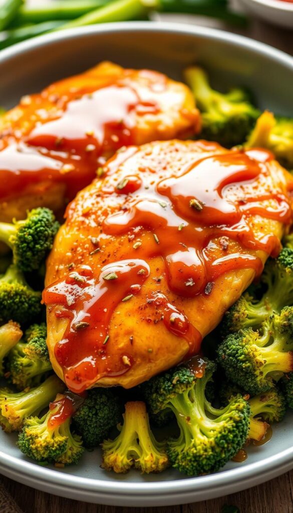 A beautifully presented honey garlic chicken dish, with mouthwatering glazed chicken breasts nestled atop a bed of crisp, vibrant broccoli florets. The chicken is golden-brown, with a shimmering honey-garlic sauce drizzled over the top, creating a perfect balance of sweet and savory flavors. The lighting is soft and warm, highlighting the dish's inviting and appetizing appearance. The camera angle is slightly elevated, giving a clean, uncluttered view of the delectable meal. The overall atmosphere is one of homemade comfort and culinary delight, perfect for an easy, satisfying weeknight dinner.