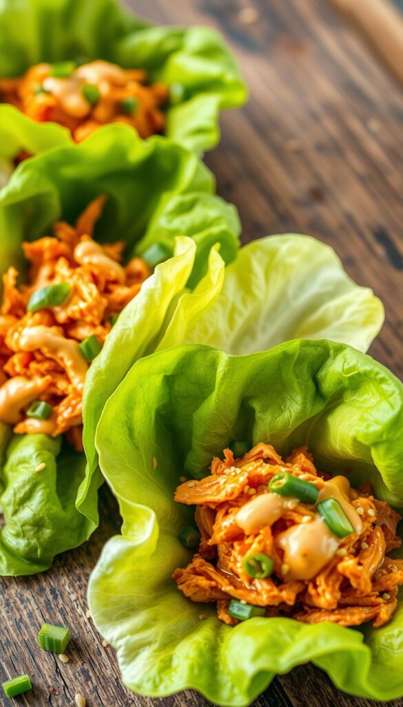 A beautifully styled close-up of buffalo chicken lettuce wraps, neatly presented on a rustic wooden surface. The crisp green lettuce leaves are filled with juicy, shredded buffalo chicken, drizzled with a creamy, tangy sauce. Vibrant flecks of chopped green onions and a sprinkle of sesame seeds add texture and flavor. The lighting is soft and natural, casting a warm glow over the scene. The camera angle is slightly elevated, giving an appetizing, eye-level view of the delectable wraps. The overall mood is fresh, wholesome, and mouthwatering, perfectly capturing the essence of this low-carb, nutritious chicken dish.